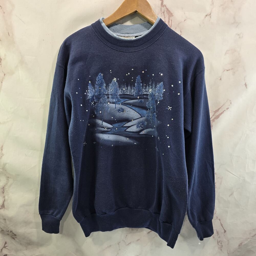 Vintage Sweatshirt Womens Small Medium 90s Tree Winter Snow River Holiday Granny